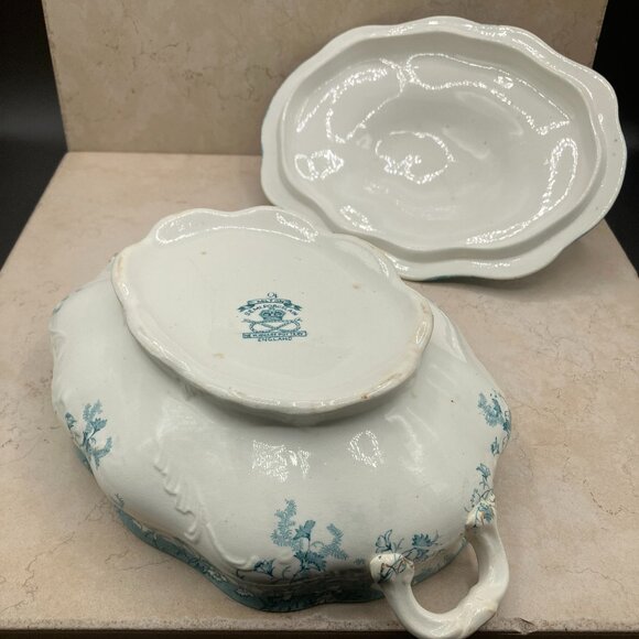 ANTIQUE New Wharf Pottery Covered Vegetable Dish Transfer Ware 1878-1894 - Picture 7 of 13